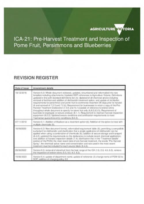 ICA-21 : Pre-harvest treatment and inspection of pome fruit, persimmons and blueberries