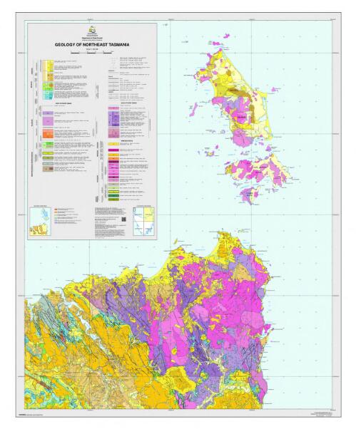 Geology of northeast Tasmania / produced by the Spatial Information Services Section of Mineral Resources Tasmania ;  the geological data for this map were compiled by M.P. McClenaghan B. Sc. (Hons.) Ph.D., C.R. Calver B. Sc. (Hons.) Ph.D., D.B. Seymour B. Sc. (Hons.) Ph.D., J.L. Everard B. Sc.(Hons.), D.C. Green, B.Sc. (Hons) Ph.D., M.A. Worthing B.Sc. (Hons) Ph.D., I.R. Woolward, B.Sc. (Hons), and M.J. Vicary B. Sc. (Hons.), from Tasmanian Geological Survey geological atlas 1:63 360 and 1:50 000 series maps and other sources.Mineral Resources Tasmania. ; Spatial Information Services Section