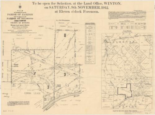 [Selection plans] : to be open for selection at the Land Office, Winton, on Saturday, 9th November, 1912 ... Plan of portions 8 and 9, Parish of Jackton, and portions 1 to 3, Parish of Salmond, Kynuna Resumption, County of Kynuna [cartographic material] / printed at the Government Printing Office and published at the Survey Office, Department of Public Lands