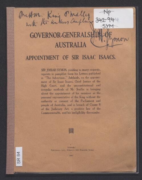 Governor-Generalship of Australia : appointment of Sir Isaac Isaccs / Sir Josiah Symon