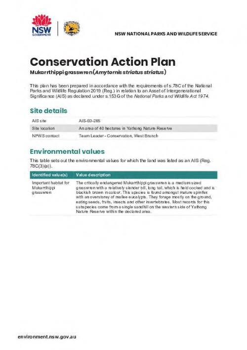 Conservation Action Plan Mukarrthippi grasswren (Amytornis striatus striatus)