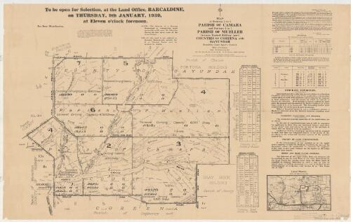 [Selection plans] : to be open for selection at the Land Office, Barcaldine, on Thursday, 9th January, 1930 ... Plan of portions 2 to 4, Parish of Camara and portions 4 to 7, Parish of Mueller (Aramac expired holding) (part), Counties of Coreena and Gayundah [cartographic material] / printed at the Government Printing Office and published at the Survey Office, Department of Public Lands