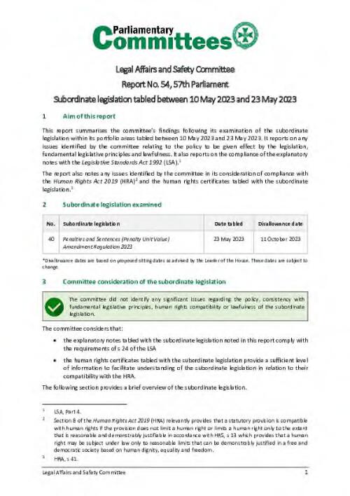 Legal Affairs and Safety Committee: Report No. 54, 57th Parliament-Subordinate legislation tabled between 10 May 2023 and 23 May 2023