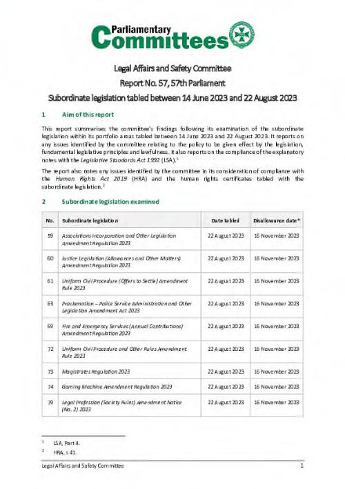 Legal Affairs and Safety Committee. Report No. 57, 57th Parliament : Subordinate legislation tabled between 14 June and 22 August 2023