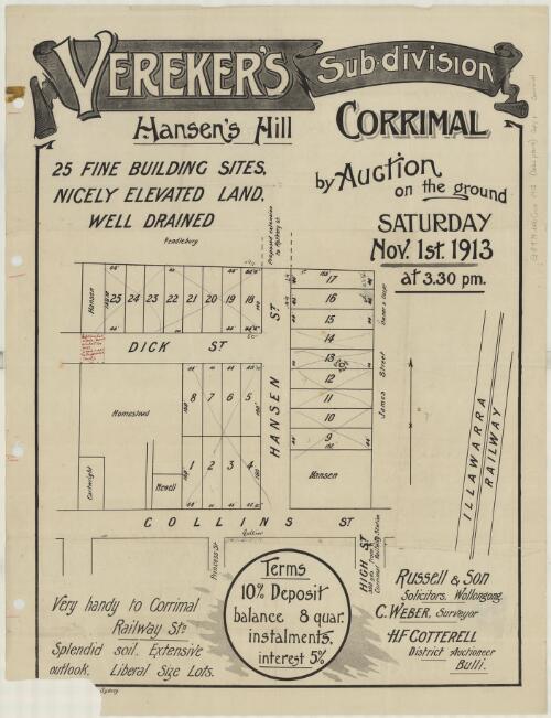 Vereker's sub-division, Hansen's Hill, Corrimal [cartographic material] : 25 fine building sites, nicely elevated land, well drained ; by auction on the ground Saturday Nov. 1st 1913 at 3.30 p.m. / H.F. Cotterell, district auctioneer, Bulli