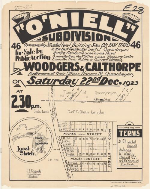 O'Niell subdivison : 46 for sale by public auction on Saturday 22nd Dec. 1923 at 2.30 p.m. / by Woodgers & Calthorpe auctioneers at their offices, Monaro St. Queanbeyan