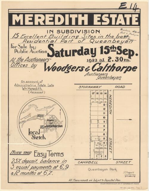 Meredith estate : in subdivision ; 15 excellent building sites in the best resifential part of Queanbeyan ; for sale by public auction Saturday 15th Sep. 1923 at 2.30 p.m. / Woodgers & Calthorpe Auctioneers Queanbeyan