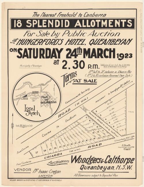 18 splendid allotments for sale by public auction at Hungerfords Hotel, Queanbeyan on Saturday 24th March 1923 at 2.30 p.m. / by Woodgers & Calthorpe, auctioneers, Queanbeyan, N.S.W