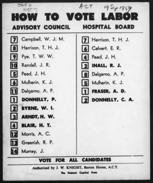 [Advisory Council and Hospital Board elections, Sept. 19, 1959, Canberra [microform] : How to vote cards]