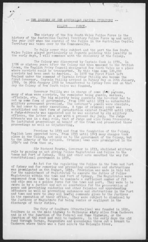 The history of the Australian Capital Territory Police Force [microform] : a paper delivered at the Canberra and District Historical Society on 2nd June, 1959 /  by E.Richards
