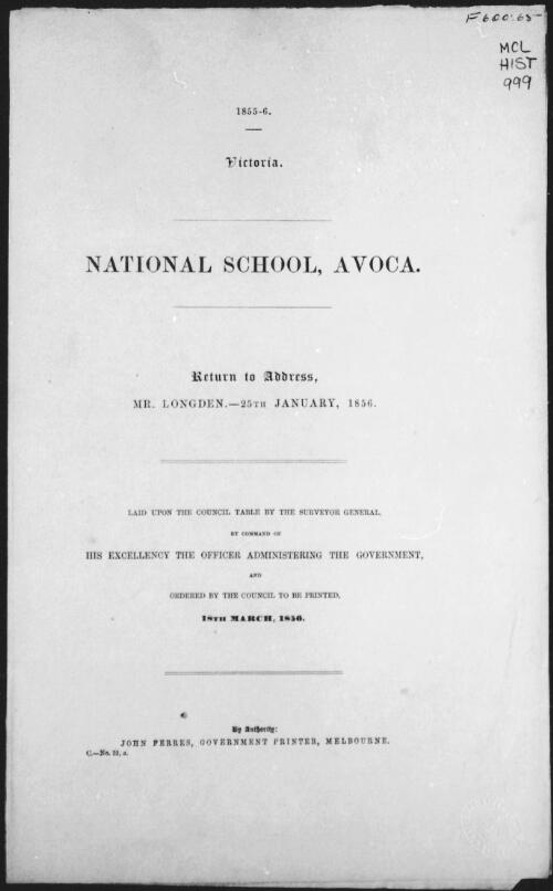 National school, Avoca : return to address, Mr. Longden, 25th January, 1856
