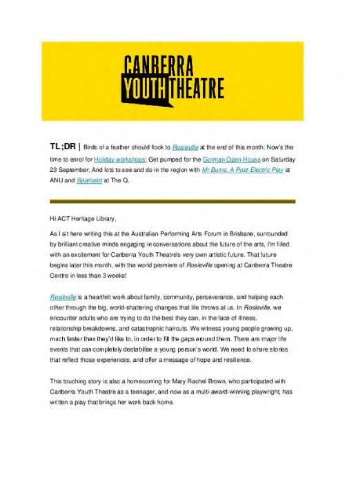 Canberra Youth Theatre E newsletter