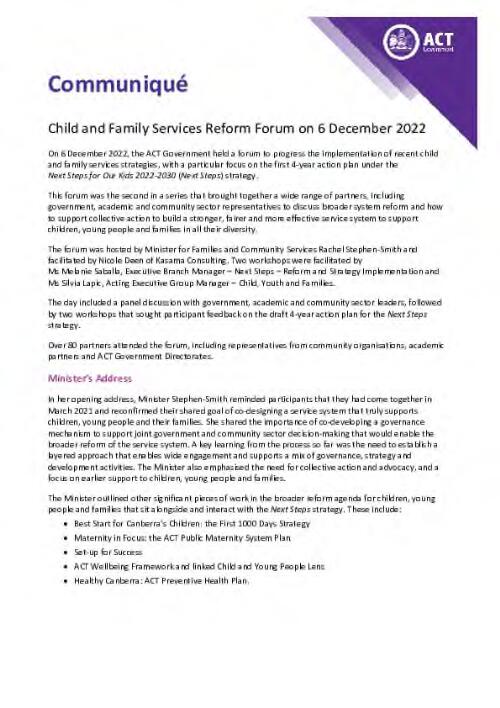 Communiqué : Child and Family Services Reform Forum on 6 December 2022