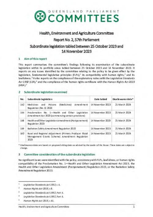 Subordinate legislation tabled between 25 October 2023 and 14 November 2023 / Health, Environment and Agriculture Committee