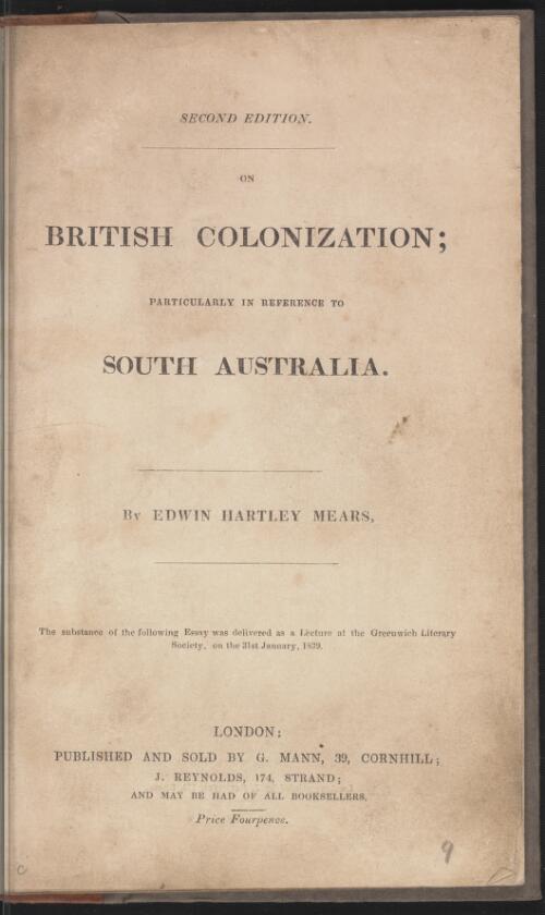On British colonization : particularly in reference to South Australia / by Edwin Hartley Mears