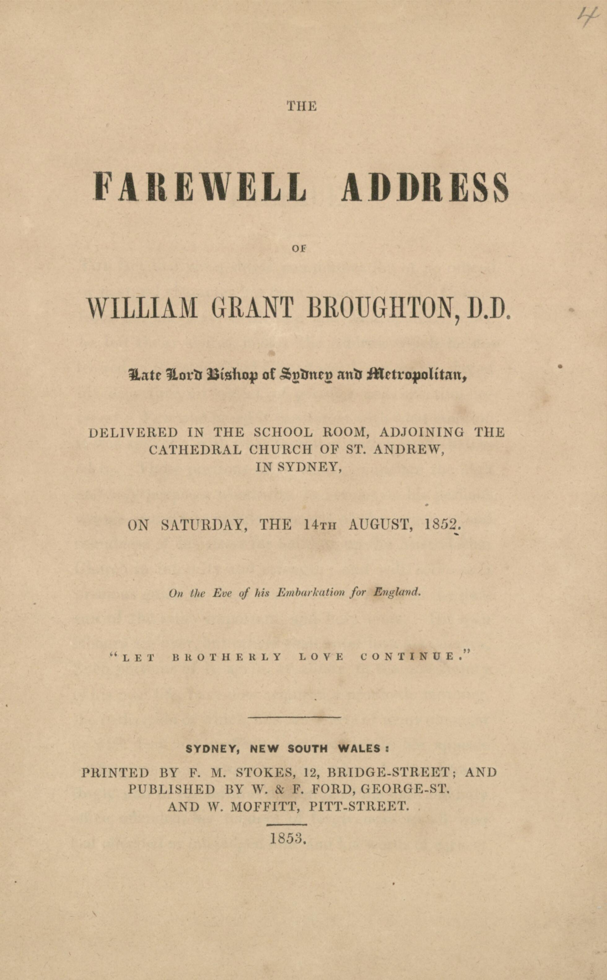 The Farewell Address Of William Grant Broughton, D.D., Late Lord Bishop ...