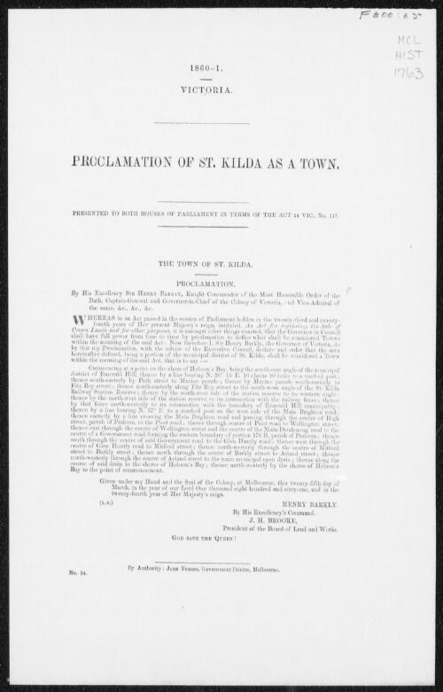 Proclamation of St. Kilda as a town : presented to both Houses of Parliament in terms of the act 24 Vic., no. 117