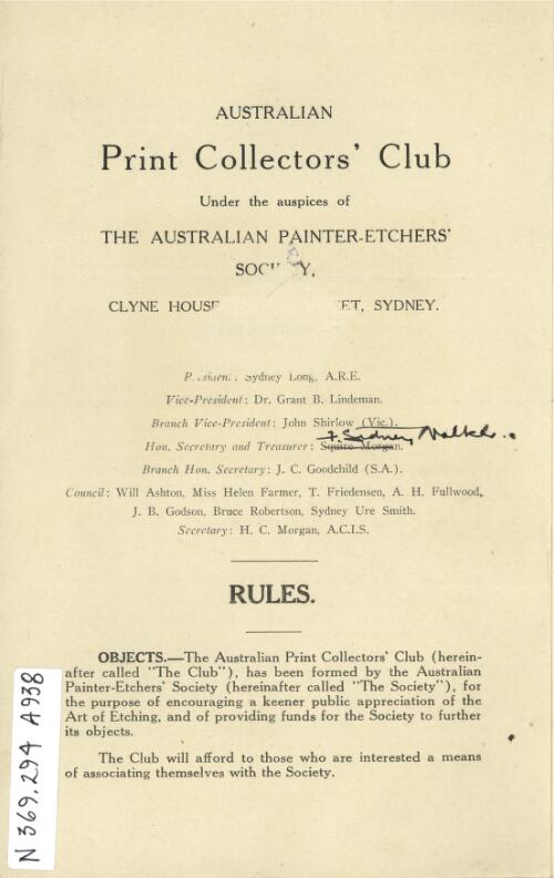 Australian Print Collectors' Club, under the auspices of The Australian Painter-Etchers' Society, rules