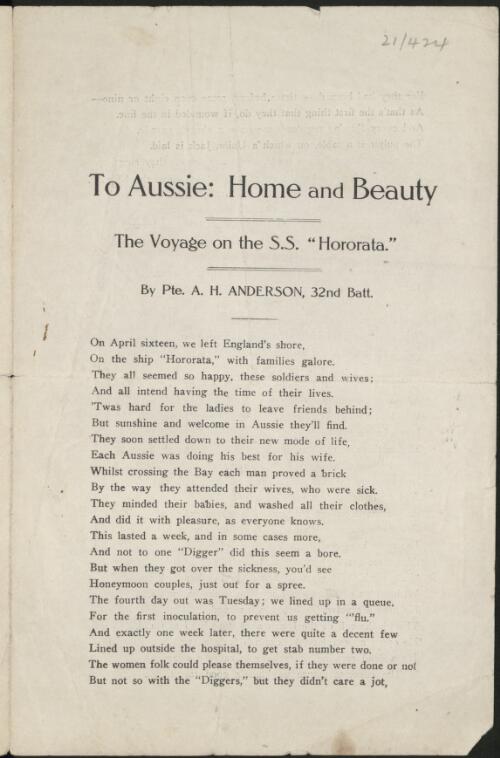 To Aussie : home and beauty : the voyage on the S.S. "Hororata"  / by A.H. Anderson