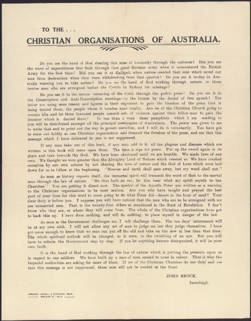 To the Christian organisations of Australia  / [John Brock]
