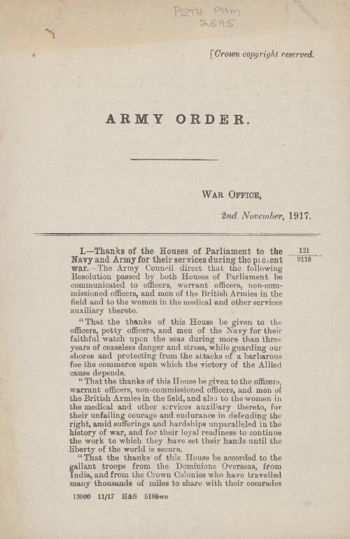 Thanks of the Houses of Parliament to the Navy and Army for their services during the present war