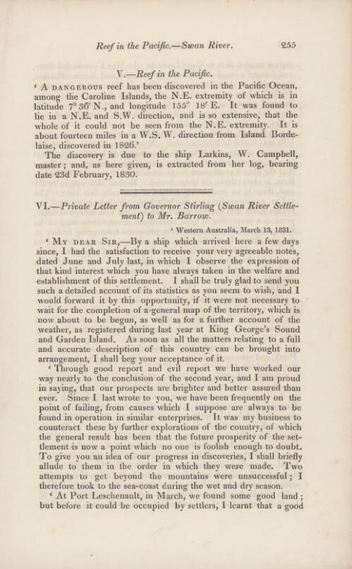 Private letter from Governor Stirling (Swan River Settlement) to Mr. Barrow