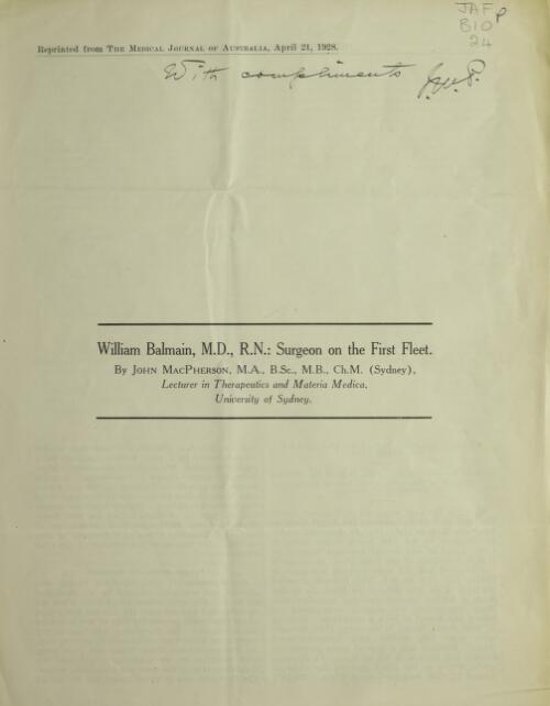 William Balmain, M.D., R.N. : surgeon on the First Fleet / by John MacPherson