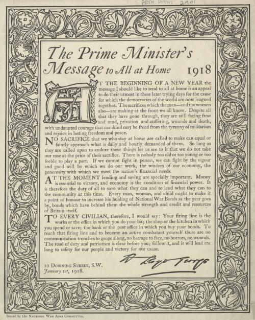 The Prime Minister's message to all at home, 1918 / D. Lloyd George