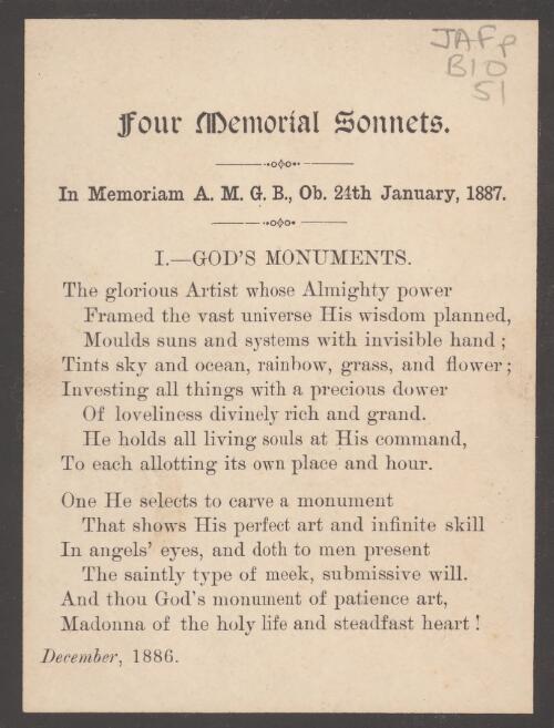 Four memorial sonnets : In memoriam A.M.G.B., Ob. 24th January, 1887