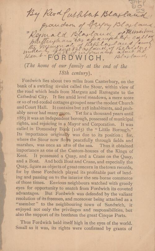 Fordwich : the home of our family at the end of the 18th century / [by Cuthbert Blaxland]