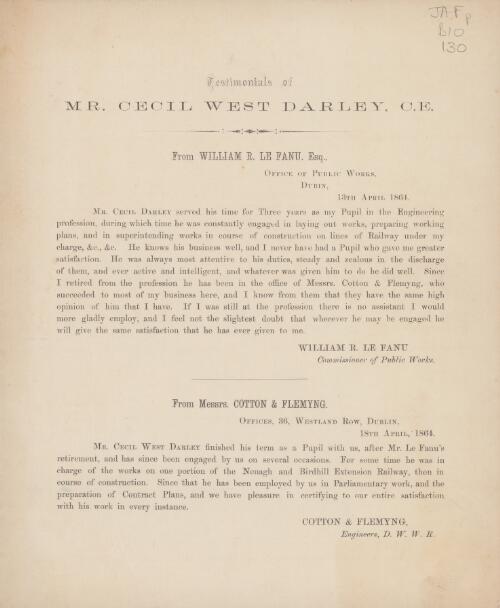 Testimonials of Mr. Cecil West Darley, C.E