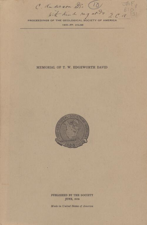 Memorial of T.W. Edgeworth David / by E.C. Andrews