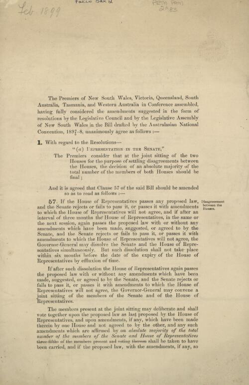 [Amendments to the Bill drafted by the Australasian National Convention, 1897-8]