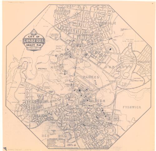 City of Canberra, locality plan [cartographic material] : [revised to ca. 1954 on base map] / compiled & drawn by the Survey Office Engineers Dept. F.C.C. Canberra ; L. Edwards, Chief Draftsman