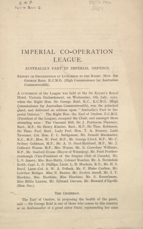 Imperial Co-operation League - Australia's part in Imperial defense : report of proceedings at luncheon to the Right Hon. Sir George Reid, K.C.M.G. (High Commissioner for Australian Commonwealth)