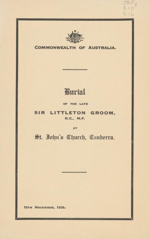 Burial of the late Sir Littleton Groom, K.C., M.P., at St. John's Church, Canberra, 10th November, 1936
