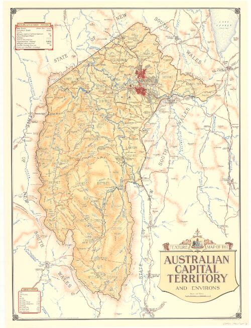 Feature map of the Australian Capital Territory and environs [cartographic material] / compiled and drawn under the supervision of L. Edwards, Chief Draftsman, Survey Branch, Engineers Dept., F.C.C. Revised 1950