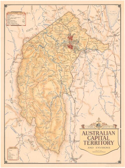 Feature map of the Australian Capital Territory and environs [cartographic material] / compiled & drawn under the supervision of L. Edwards, Survey Branch, Engineers Department, F.C.C., Canberra, 1929, revised 1946