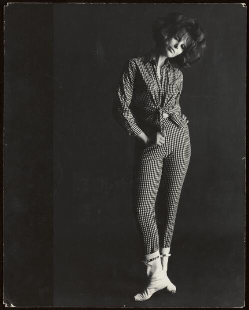 Model Georgie Gold wearing check pants and shirt, Melbourne, approximately 1966 / Athol Shmith