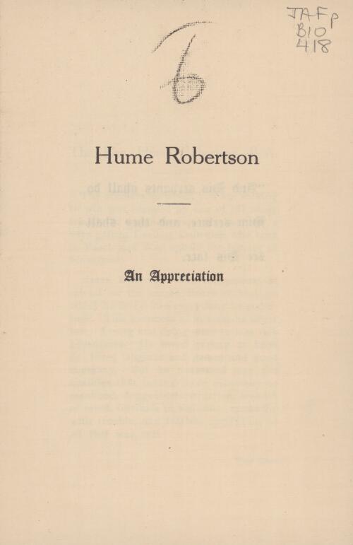 Hume Robertson : an appreciation