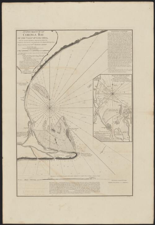 An eye sketch of Coringa Bay on the coast of Golconda with the soundings laid down as taken on every point of the compass, by a boat from the center, being the place of the ship (the Orford man of war) [cartographic material] / designed and executed by Captn. Charles Lesley, Orford, July 1774