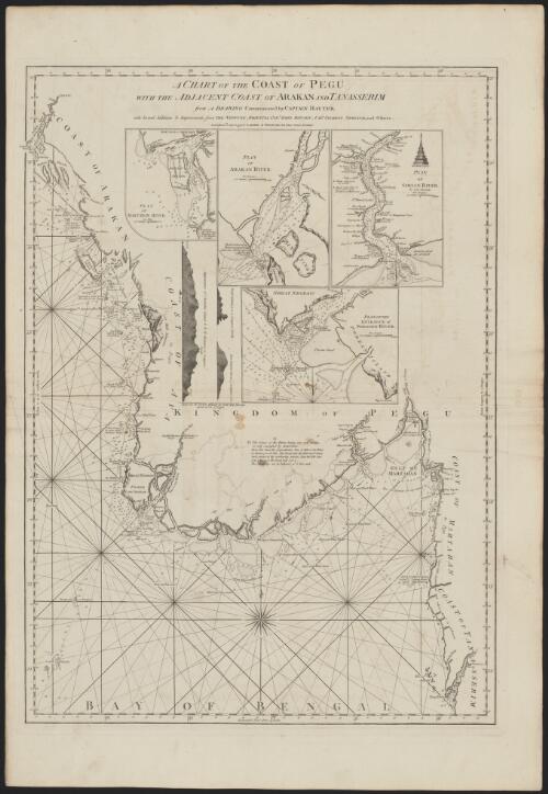 A chart of the coast of Pegu with the adjacent coast of Arakan and Tanasserim [cartographic material] / from a drawing communicated by Captain Hayter with several additions & improvements from the Neptune - Oriental, Capt. John Ritchie, Capt. Charles Newland, and others