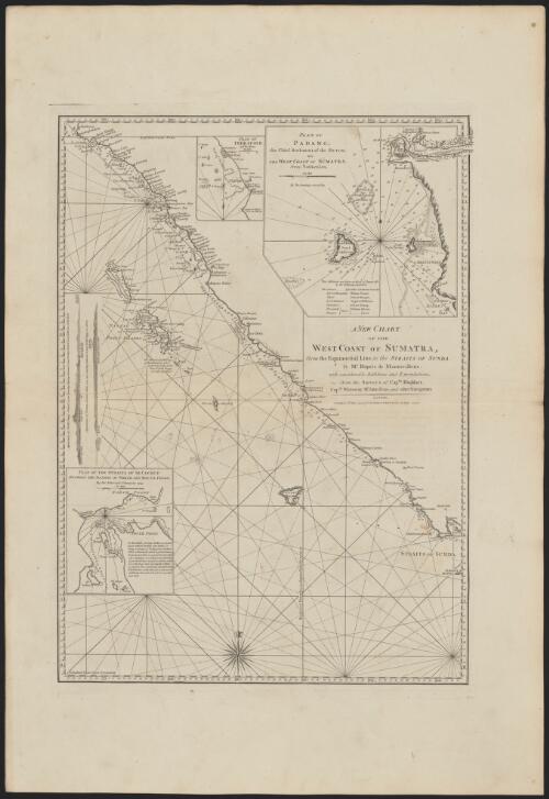 A new chart of the west coast of Sumatra, from the equinoctial line to the Straits of Sunda [cartographic material] / by Mr. Daprès de Mannevillette, with considerable additions and emendations, from the surveys of Captn. Huddart, Captn. Whiteway, Mr. John Price, and other navigators