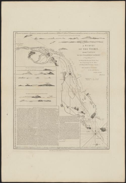 A survey of the Tigris, from Canton to the island of Lankeet [cartographic material] : to William Henry Pigot Esq. First Supercargo for the Affairs of the Honourable East India Company / this survey is inscribed by his most obedient humble servant J. Huddart