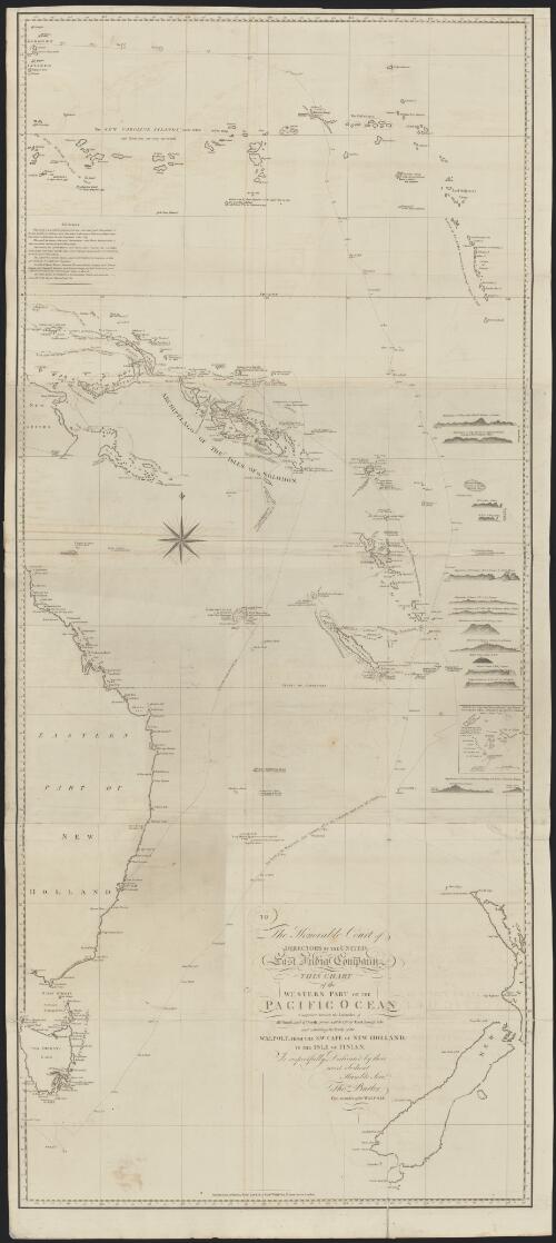 To the Honorable Court of Directors of the United East India Company this chart of the western part of the Pacific Ocean comprised between the latitudes of 48° South and 17° North from 146° to 176° of East longitude and exhibiting the track of the Walpole, from the S.W. Cape of New Holland, to the Isle of Tinian, is respectfully dedicated by their most obedient humble servt. Thos. Butler, Commander of the Walpole