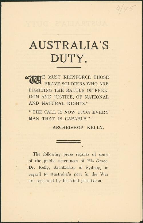 Australia's duty  / Dr. Kelly, Archbishop of Sydney