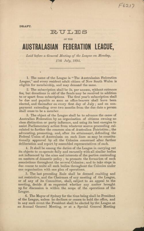 Rules of the Australasian Federation League laid before a general meeting of the League on Monday, 17th July, 1893