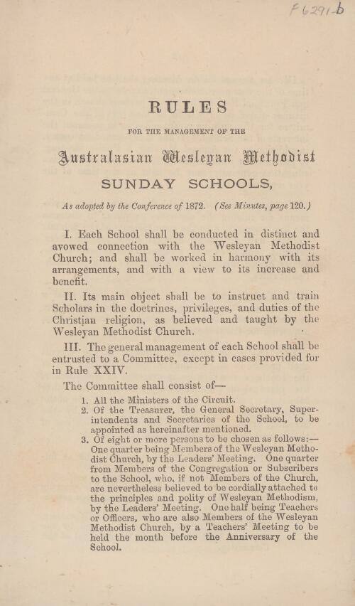 Rules for the management of the Australasian Wesleyan Methodist Sunday schools : as adopted by the Conference of 1872