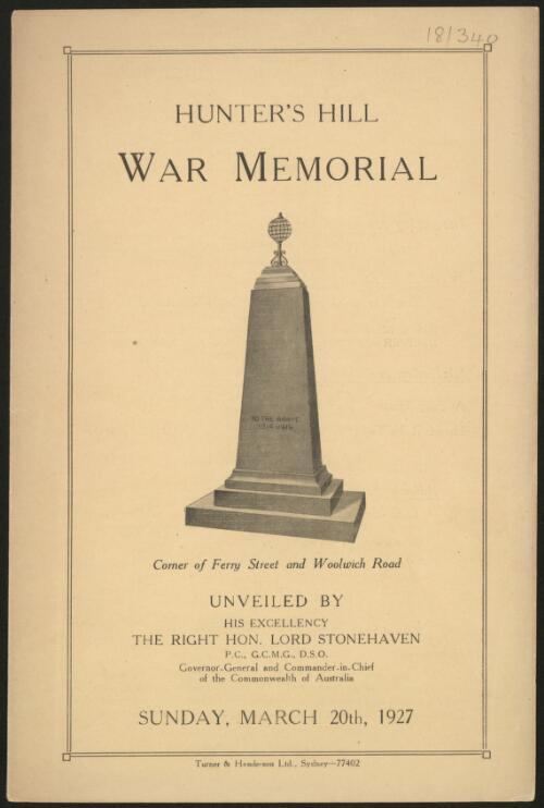 Hunter's Hill War Memorial : unveiled by his excellency the Right Hon. Lord Stonehaven, Sunday, March 20th, 1927
