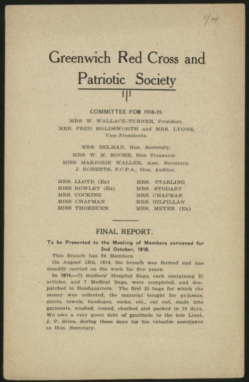 Final report / Greenwich Red Cross and Patriotic Society